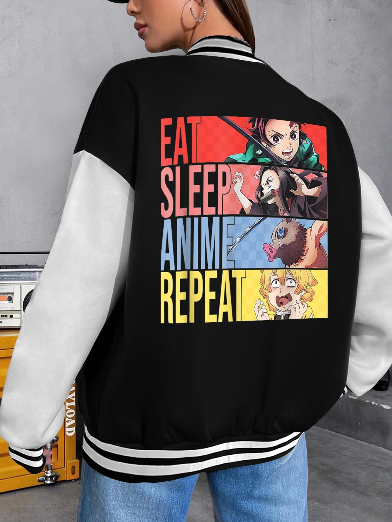 Women's Anime Baseball Jacket Graphic Slayer Demon Eat Sleep Anime