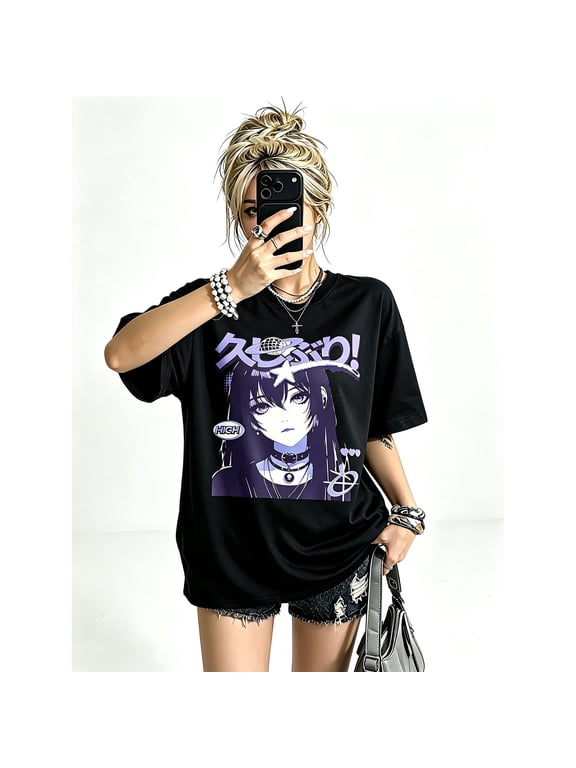 Women's Anime Girl Graphic T-Shirt Cotton Black Short Sleeve Crewneck Oversized