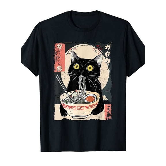 Women's Anime T-Shirt - Cute Black Cat Eating Ramen Graphic Tee - Soft Breathable Shirt - Japanese Foodie Apparel Gift for Girls, Teens, Anime Fans - Casual Casual Attire
