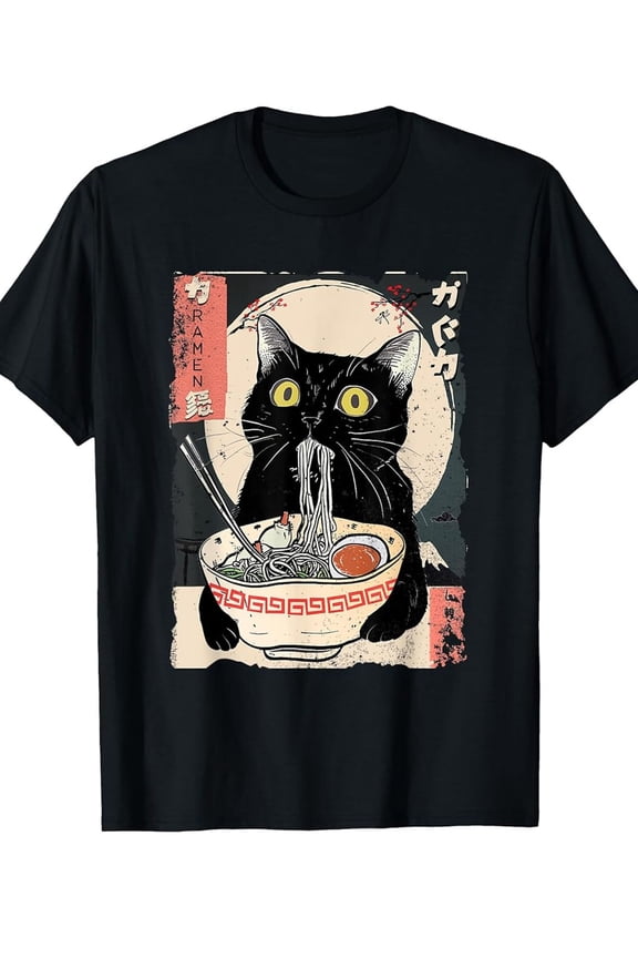 Women's Anime T-Shirt - Cute Black Cat Eating Ramen Graphic Tee - Soft Breathable Shirt - Japanese Foodie Apparel Gift for Girls, Teens, Anime Fans - Casual Casual Attire