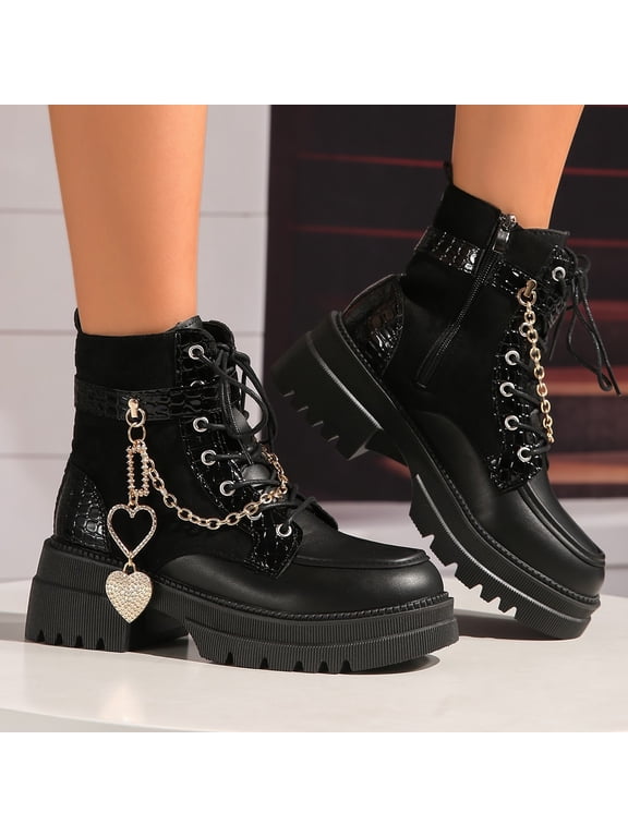 Women's Ankle Ankle Boots Round Toe Lace Up Side Zipper Chain Rhinestone Heart Charm Lug Sole Platform Booties Black 7