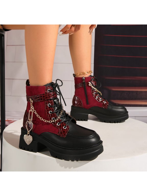 Women's Ankle Ankle Boots Round Toe Lace Up Side Zipper Chain Rhinestone Heart Charm Lug Sole Platform Booties Red 6.5