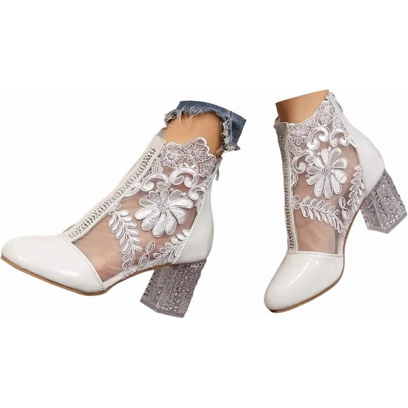 Women's Ankle Booties Embroidered Dress Boots with Block Heel, Back Zipper for Wedding Party