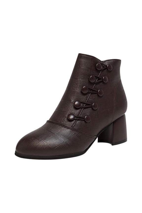 Women's Ankle Boots Button Buckle Block Heel Pointed Toe Boots Faux Leather Fall Winter Shoes Brown 42