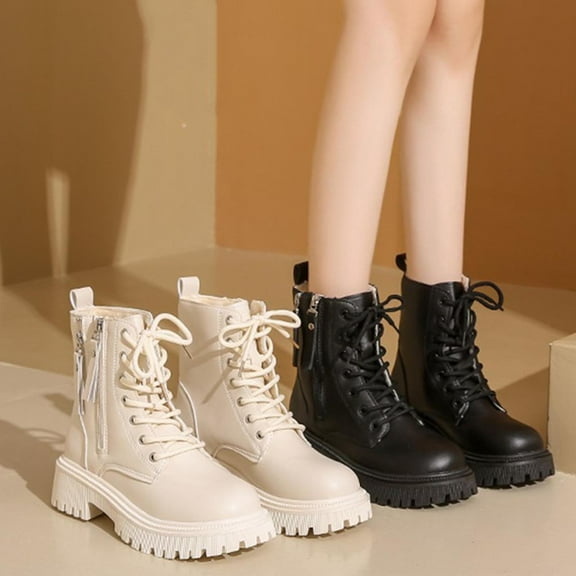 Women's Ankle Boots Casual Lace-Up Warm Chunky Heel Side Zipper Solid Color Round Toe Footwear for All Seasons