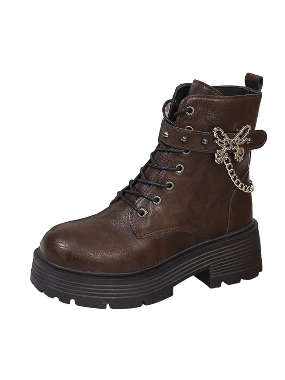 Women's Ankle Boots Chain Buckle Lace Up Chunky Sole Booties Round Toe Side Zip Fall Winter Street Style Punk Fashion Shoes Brown 5.5