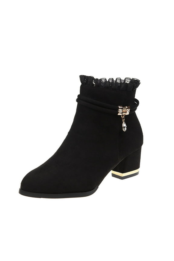 Women's Ankle Boots Chunky Block Low Heel Vintage Tie Knot Booties Shoes with Side Zipper Fashion Comfortable Fall Winter Shoes Black 40