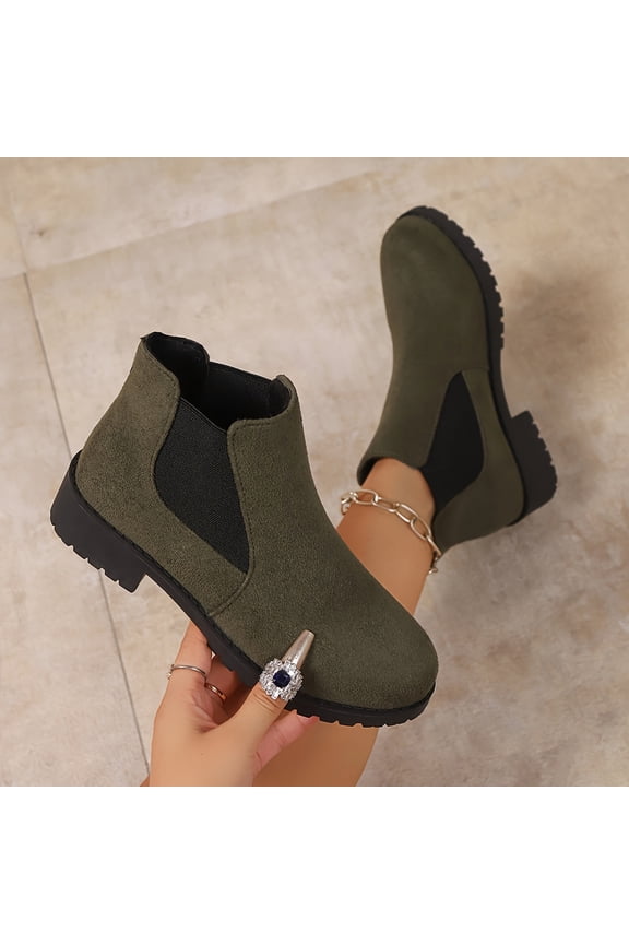 Women's Ankle Boots Chunky Low Heels Booties Slip On Elastic Fall Short Boots Women Round Toe Casual Solid Suede Comfortable Bootie Outdoor Non-Slip Hiking Riding Boot Walking Shoes Army Green