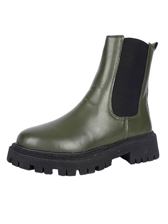 Women's Ankle Boots Chunky Sole Round Toe Side Zip Booties Fall Winter Street Style Fashion Shoes Army Green 9