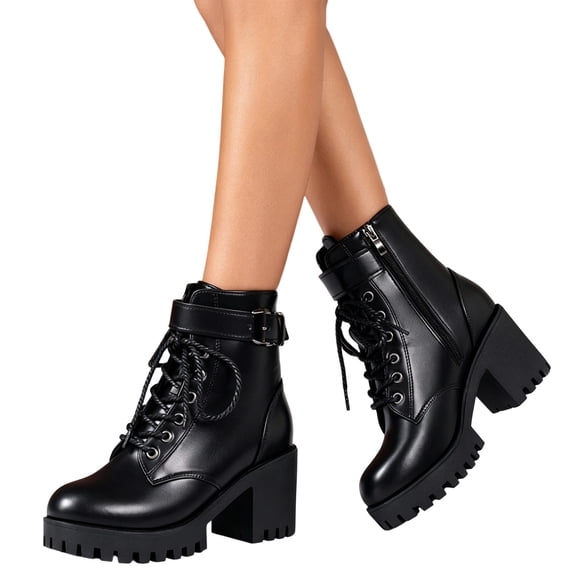 Women's Ankle Boots Chunky Sole Round Toe Side Zip Buckle Lace up Gothic Style Booties Fall Winter Street Style Fashion Shoes Black 7