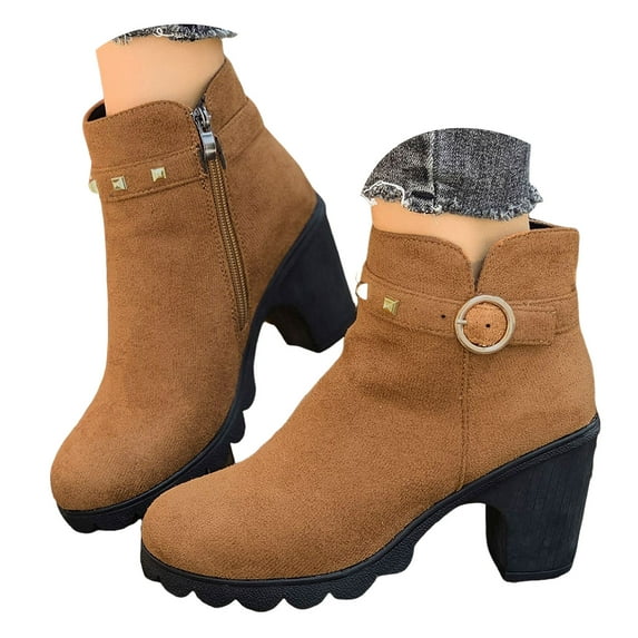 Women's Ankle Boots Chunky Stacked Heel Zipper Booties Round Toe Short Boots Suede Belt Fall Winter Boots