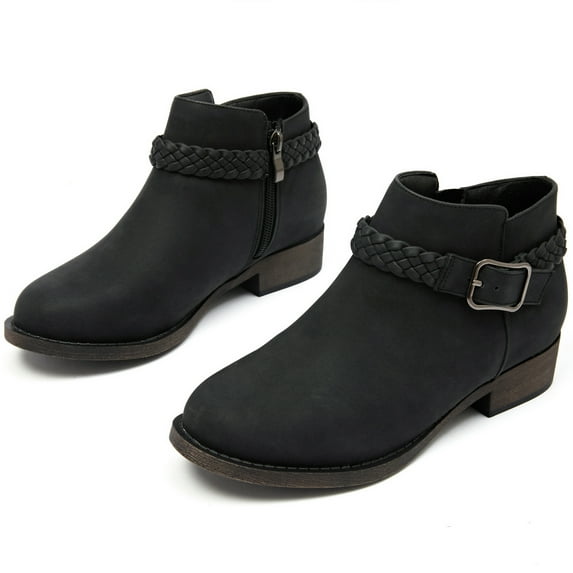 Women's Ankle Boots - Classic Side Zip, Comfortable Platform, Cover with Buckle Strap, Round Toe, Low Chunky Heel Comfort Slip On Fashion Black Boots.