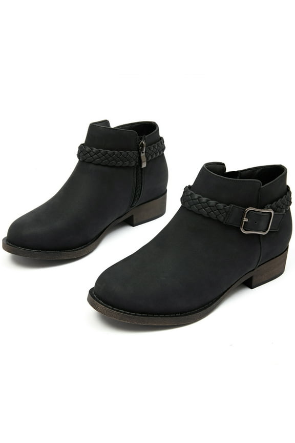 Women's Ankle Boots - Classic Side Zip, Comfortable Platform, Cover with Buckle Strap, Round Toe, Low Chunky Heel Comfort Slip On Fashion Black Boots.