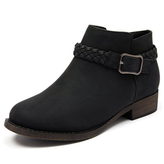 Women's Ankle Boots - Classic Side Zip, Comfortable Platform, Cover with Buckle Strap, Round Toe, Low Chunky Heel Comfort Slip On Fashion Black Boots.
