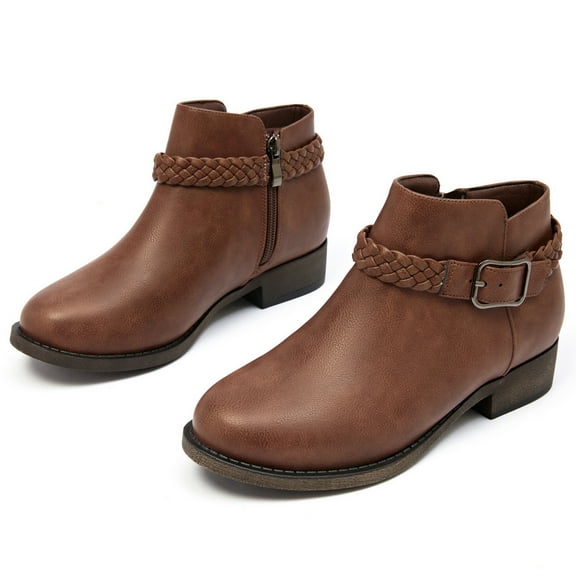 Women's Ankle Boots - Classic Side Zip, Comfortable Platform, Cover with Buckle Strap, Round Toe, Low Chunky Heel Comfort Slip On Fashion Dark Brown Boots.