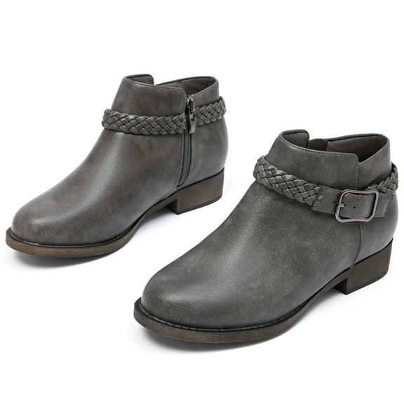 Women's Ankle Boots - Classic Side Zip, Comfortable Platform, Cover with Buckle Strap, Round Toe, Low Chunky Heel Comfort Slip On Fashion Grey Boots.