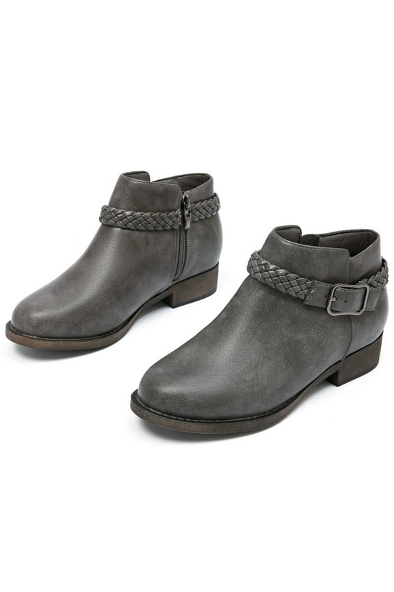 Women's Ankle Boots - Classic Side Zip, Comfortable Platform, Cover with Buckle Strap, Round Toe, Low Chunky Heel Comfort Slip On Fashion Grey Boots.