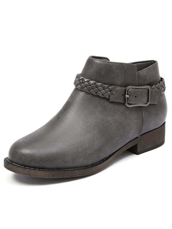 Women's Ankle Boots - Classic Side Zip, Comfortable Platform, Cover with Buckle Strap, Round Toe, Low Chunky Heel Comfort Slip On Fashion Grey Boots.