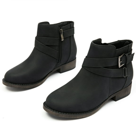 Women's Ankle Boots - Classic Side Zip, Cover with Buckle Strap, Comfortable Platform, Round Toe, Low Chunky Heel Comfort Slip On Fashion Black Boots.