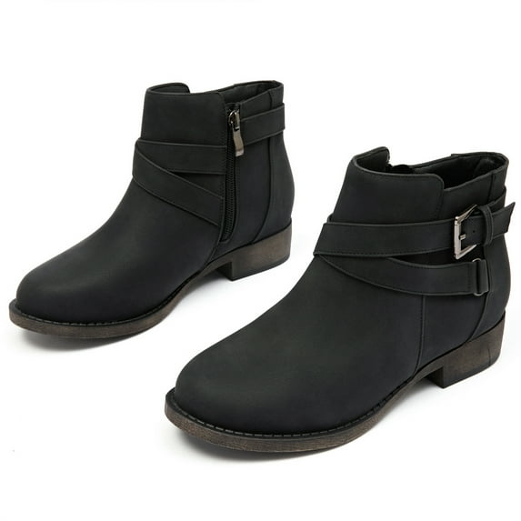 Women's Ankle Boots - Classic Side Zip, Cover with Buckle Strap, Comfortable Platform, Round Toe, Low Chunky Heel Comfort Slip On Fashion Black Boots.