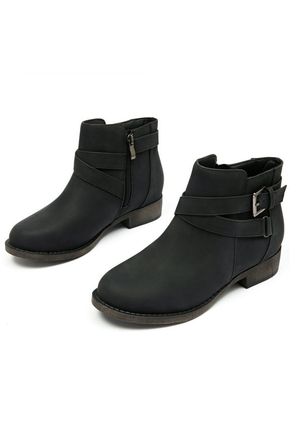 Women's Ankle Boots - Classic Side Zip, Cover with Buckle Strap, Comfortable Platform, Round Toe, Low Chunky Heel Comfort Slip On Fashion Black Boots.