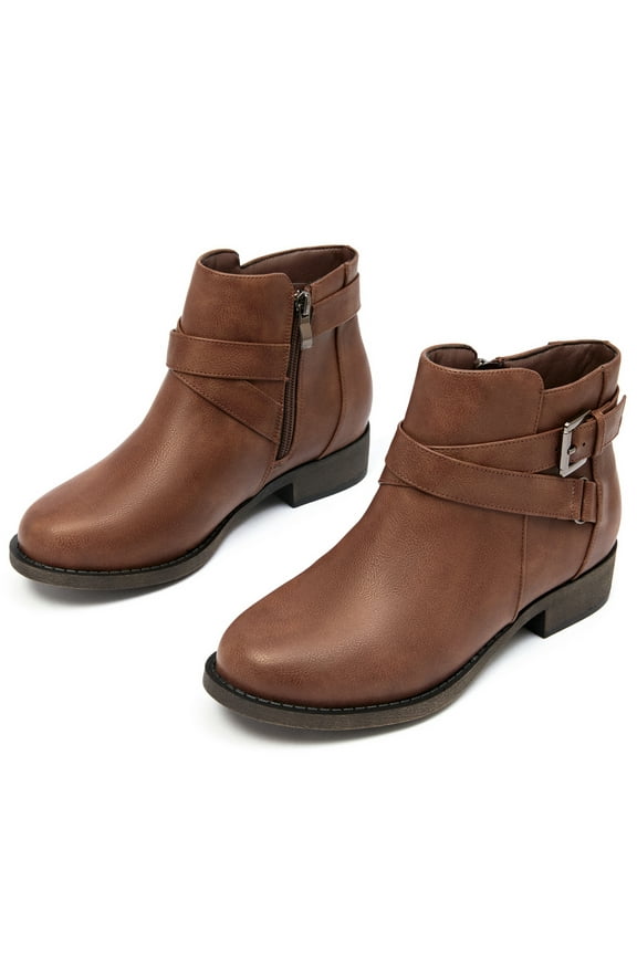 Women's Ankle Boots - Classic Side Zip, Cover with Buckle Strap, Comfortable Platform, Round Toe, Low Chunky Heel Comfort Slip On Fashion Dark Brown Boots.