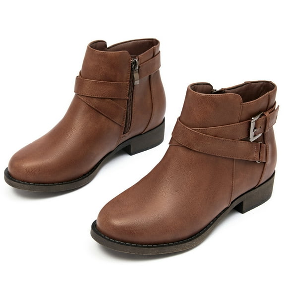 Women's Ankle Boots - Classic Side Zip, Cover with Buckle Strap, Comfortable Platform, Round Toe, Low Chunky Heel Comfort Slip On Fashion Dark Brown Boots.