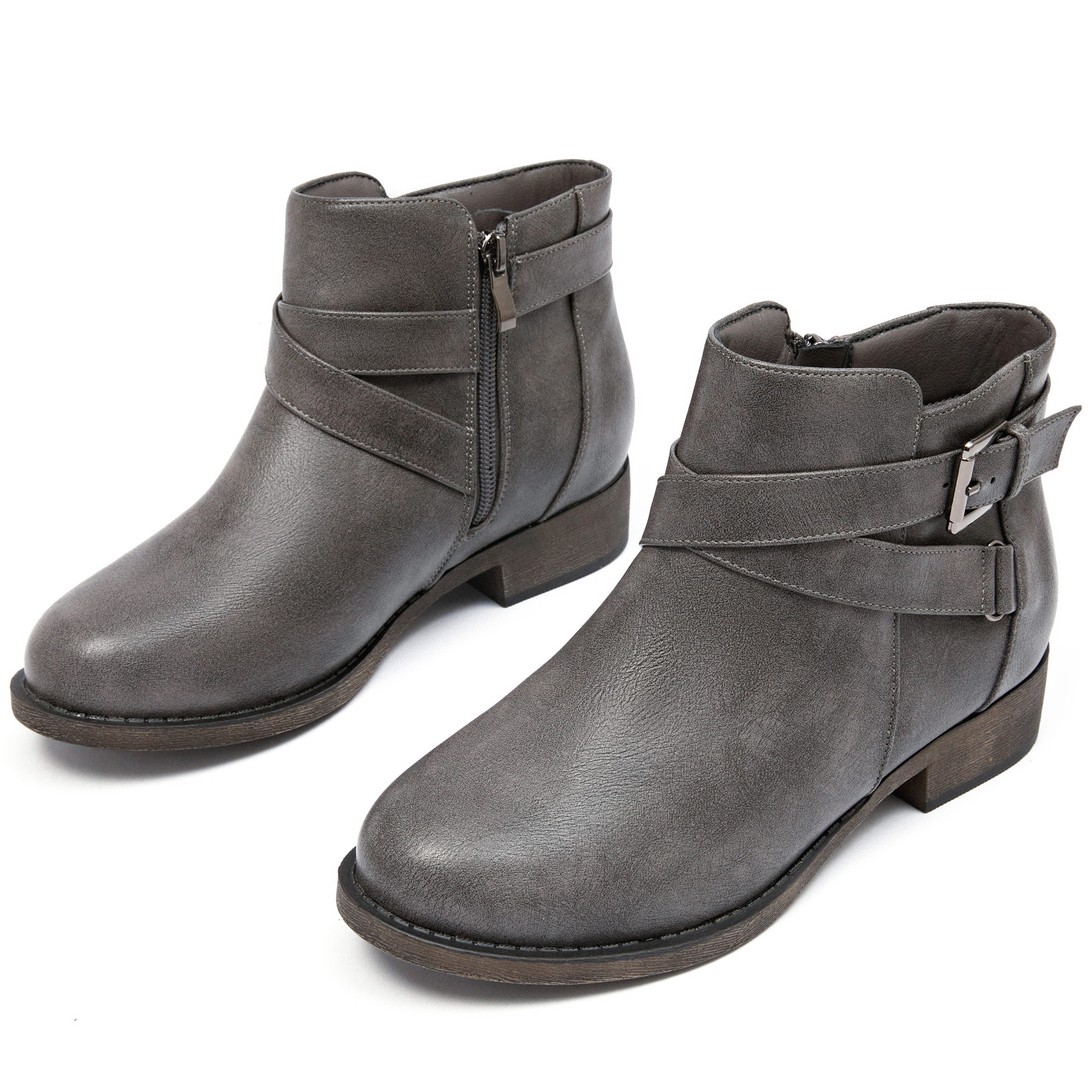 Botines para mujer - Clásicos con cierre lateral, cubiertos con correa y hebilla, plataforma cómoda, punta redonda, tacón bajo y grueso, cómodos y elegantes, color gris.