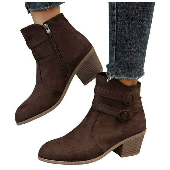 Women's Ankle Boots Classic Slip on Cutout Chelsea Western Booties Stacked Heel Suede Fall Winter Dress Work Pumps Shoes