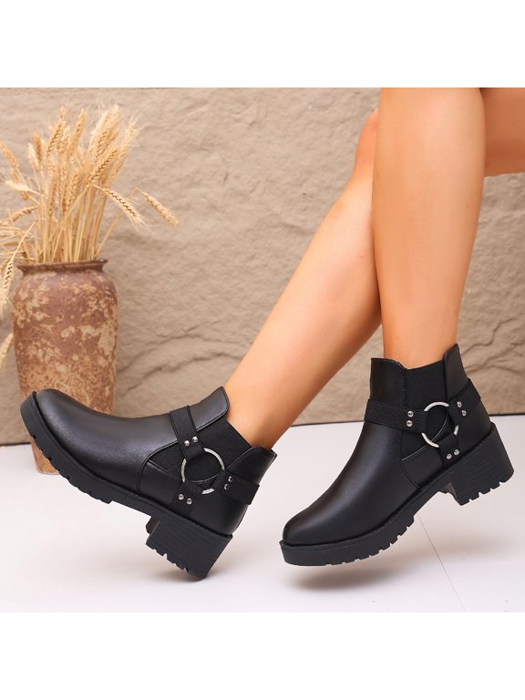 Women‘s Ankle Boots Faux Leather Chunky Low Heel Metal Ring Buckle Non Slip Dressy Booties