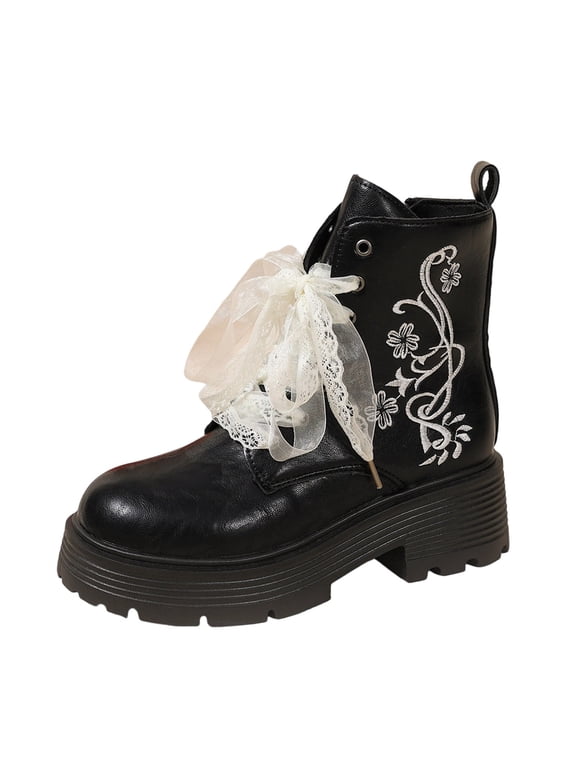 Women's Ankle Boots Floral Embroidered Platform Booties Round Toe Chunky Sole Lace Ribbon Trim Vintage Fall Winter Cottagecore Style Shoes Black 6.5