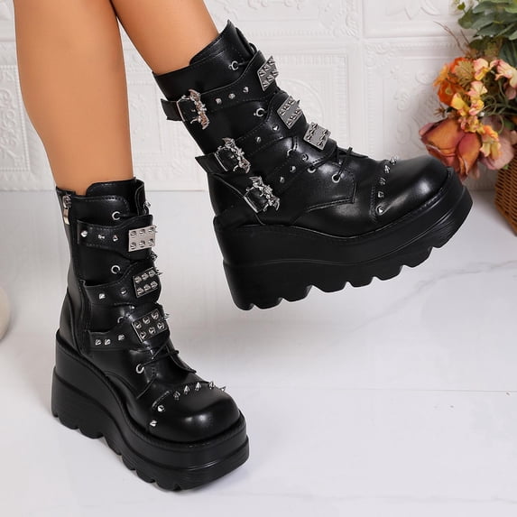 Women’s Ankle Boots Gothic Chunky Round Toe Platform Combat Boots Buckle Short Boots Side Zipper Biker Boots Black 9.5