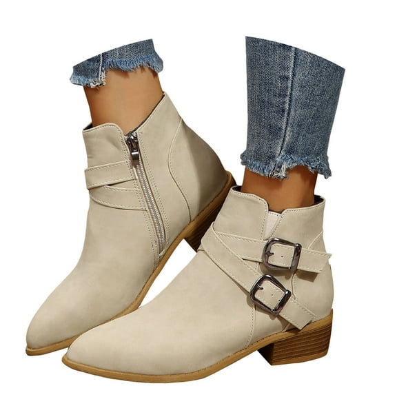 Women's Ankle Boots Low Chunky Heel Buckle Short Booties Comfortable Fall Winter Dress Shoes for Women