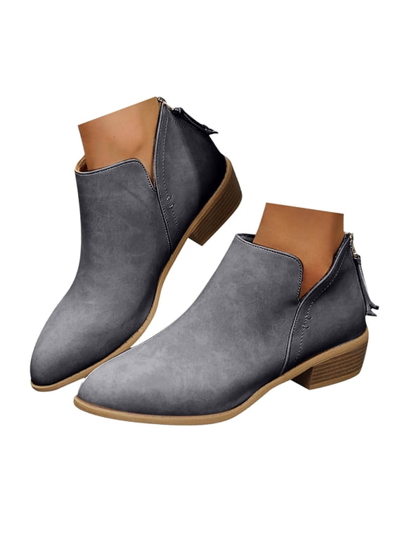 Women's Ankle Boots Low Chunky Heeled Solid Color Back Zipper Classic Elegant Outdoor Walking Ankle Booties Gray Size 8.5