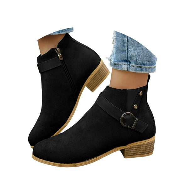 Women's Ankle Boots Low Chunky Stacked Heel Chelsea Short Booties Round Toe Winter Slip on Dressy Shoes