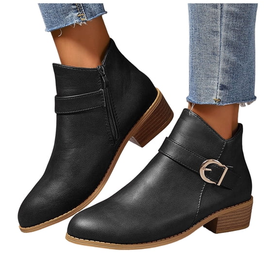 Women's Ankle Boots Low Chunky Stacked Heel Work Booties Comfortable Round Toe Classic Slip on Dress Shoes