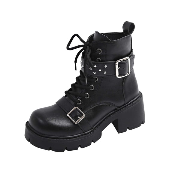 Women's Ankle Boots Motorcycle Style Belt Buckle Round Toe Lace-Up Platform Chunky Heel Booties