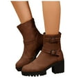 thumbnail image 1 of Women's Ankle Boots Platform Lug Sole Riding Booties Vintage Leather Buckle Strap Back Zipper Mid Calf Boots Brown 6.5, 1 of 7