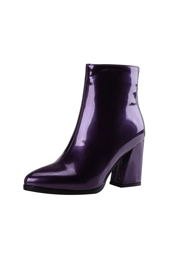 Women's Ankle Boots Pointed Toe Block Heel Patent Leather Booties Chunky Heel Dress Boots Comfortable Elegant Party Office Work Shoes Purple 41