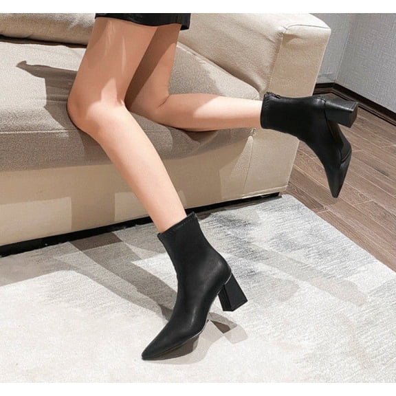 Women's Ankle Boots Pointed Toe Chunky Block Heel Short Boots for Women Low Heeled Booties