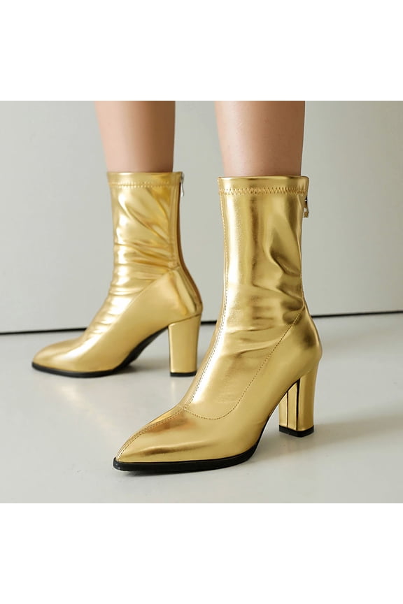 Women's Ankle Boots Pointed Toe Chunky High Heel Slip On Stretchy Booties Shoes