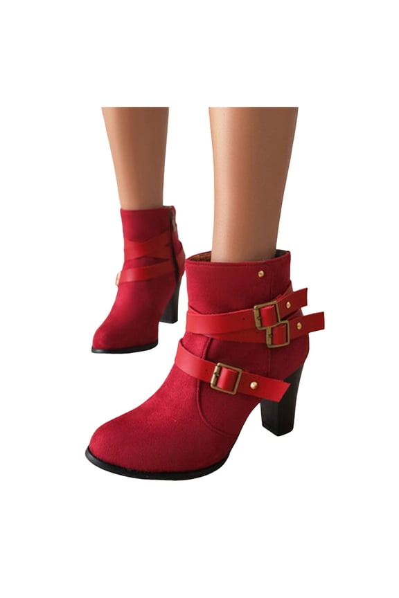 Women's Ankle Boots Pointed Toe High Heel Comfortable Mid Calf Combat Booties with Buckle Strap