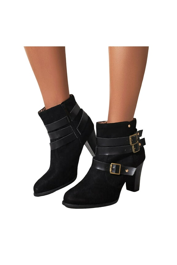 Women's Ankle Boots Pointed Toe High Heel Comfortable Mid Calf Combat Booties with Buckle Strap