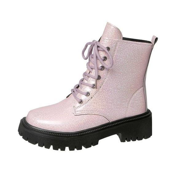 Women's Ankle Boots Round Toe Lace Up Heel Ankle Boots With Shiny Finish And Thick Sole