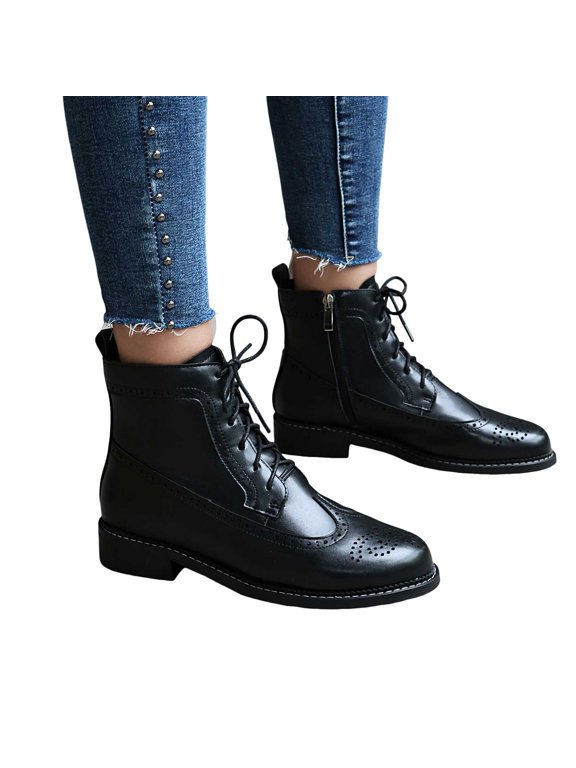 Women's Ankle Boots Round Toe Wingtip High Top Oxford Shoes Vintage Leather Lace up Fall Dress Short Booties