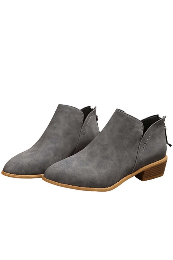 Women's Ankle Boots Side Zipper Pointed Toe Low Heel PU Leather Slip On Short Boots Fall Winter Shoes Gray 43
