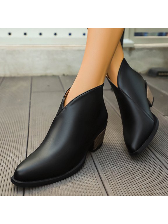 Women's Ankle Boots Slip Cutout Pointed Toe Stacked Mid Heel Booties