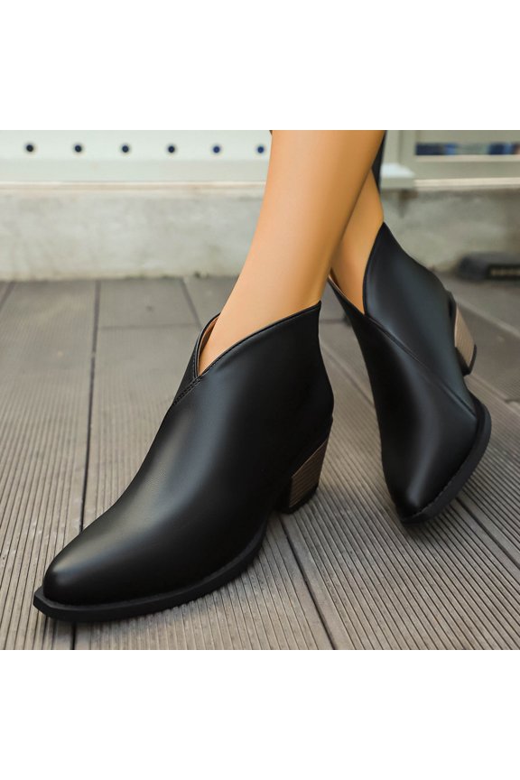 Women's Ankle Boots Slip Cutout Pointed Toe Stacked Mid Heel Booties