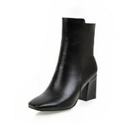 MISSMILLER Women's Square Toe Ankle Boots - Side Zipper Chunky Block Heel Booties Mid Calf