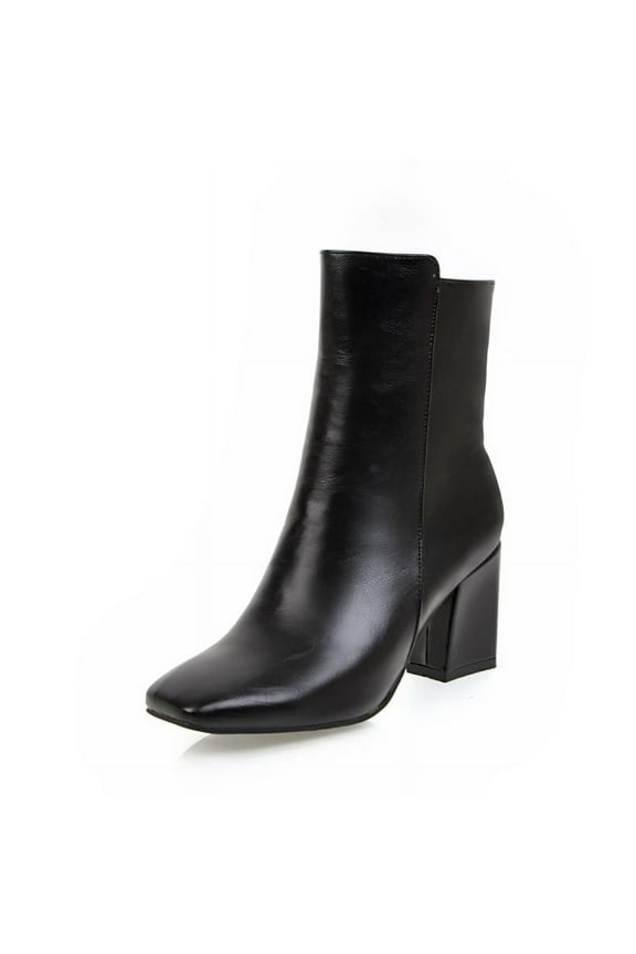 Women's Ankle Boots Square Toe Side Zipper Block Heel Mid Calf Low Heeled Short Booties